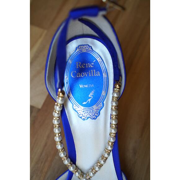 Rene Caovilla Dress Pointed Toe Stiletto Heels Chain Ankle Strap Blue Size 38.5 - Picture 9 of 13